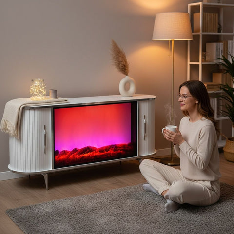 CONSOLA TV ALB & ARGINTIU CU SEMINEU SI SPATII DEPOZITARE 120x40x80 cm