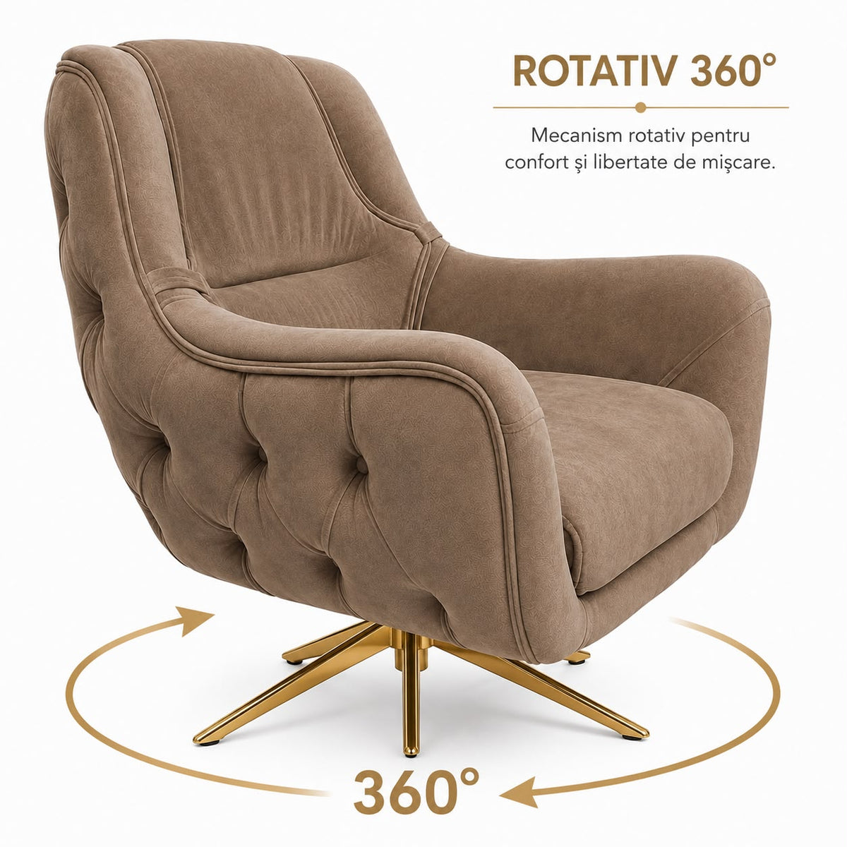 Fotoliu rotativ LOTUS, tapitat CAPUCINO cu AURIU
