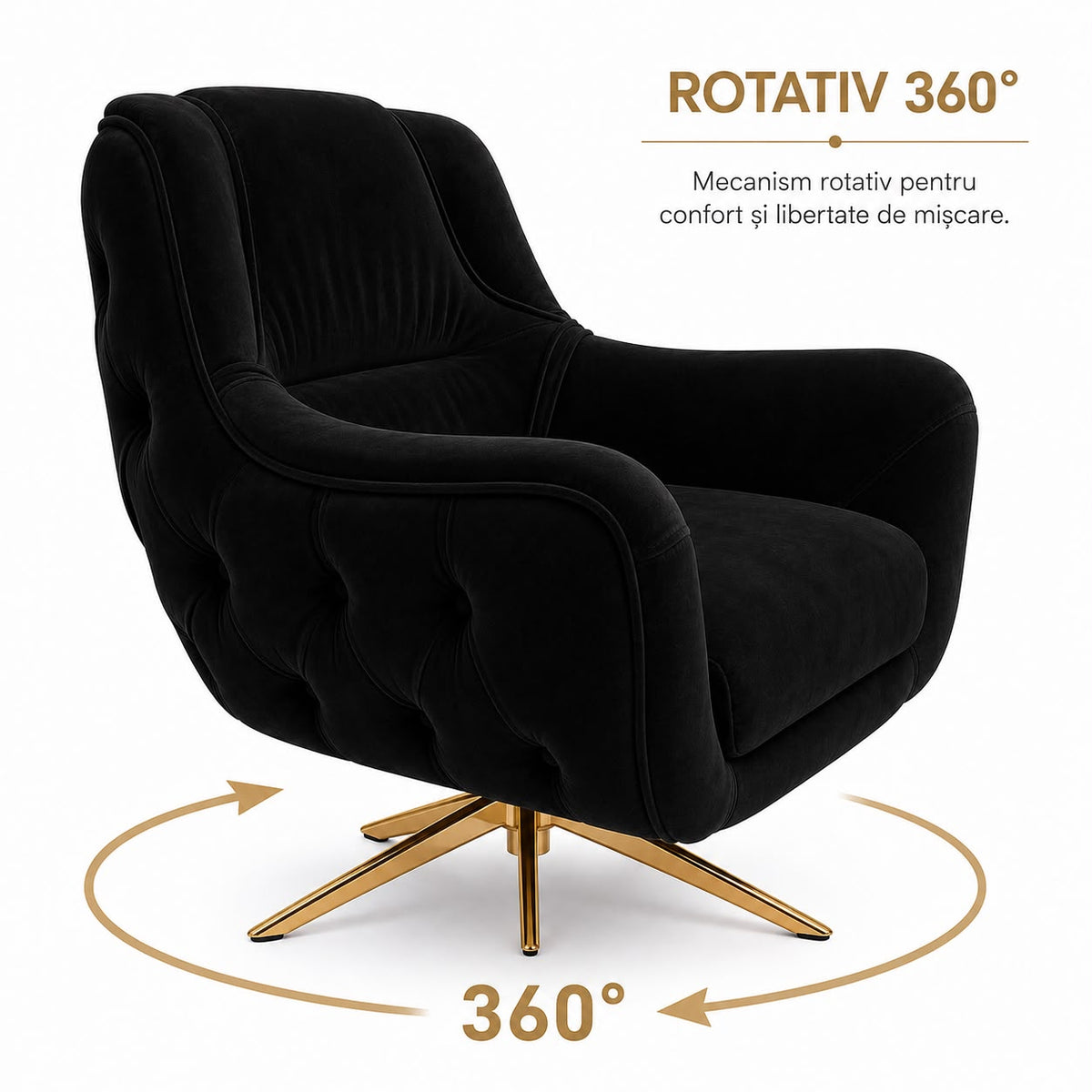 Fotoliu rotativ LOTUS, tapitat NEGRU cu AURIU