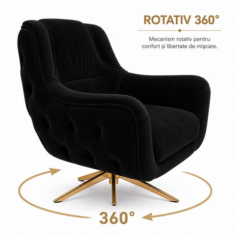 Fotoliu rotativ LOTUS, tapitat NEGRU cu AURIU