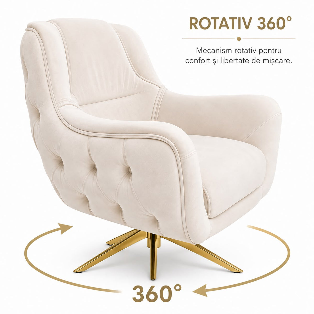 Fotoliu rotativ LOTUS, tapitat BEJ cu AURIU