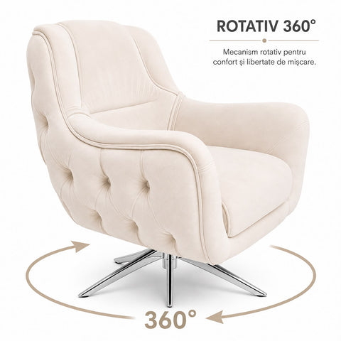 Fotoliu rotativ LOTUS, tapitat BEJ cu ARGINTIU