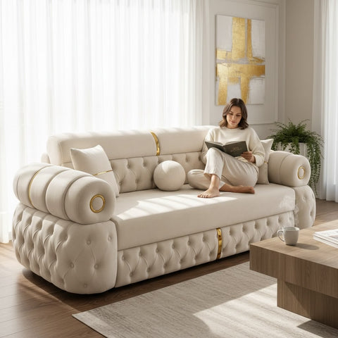 Canapea extensibila LOTUS 3 locuri, tapitata BEJ cu AURIU