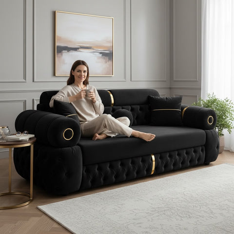 Canapea extensibila LOTUS 3 locuri, tapitata NEAGRA cu AURIU