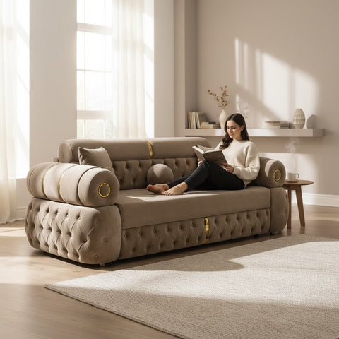 Canapea extensibila LOTUS 3 locuri, tapitata CAPUCINO cu AURIU