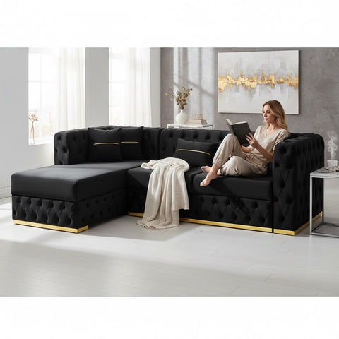 Coltar EXTENSIBIL LUNA Tip L SEZLONG STANGA , NEGRU CU GOLD 290 x 150 cm