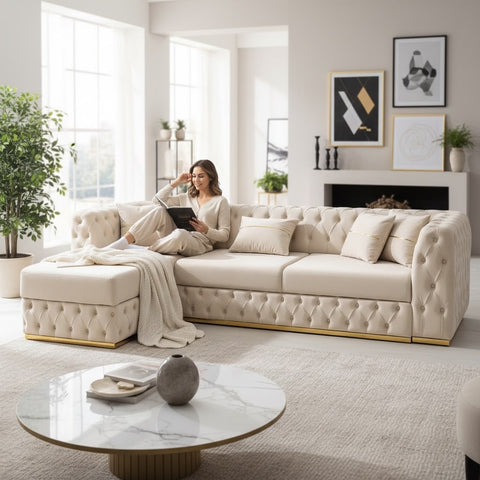 Coltar EXTENSIBIL LUNA Tip L SEZLONG STANGA , BEJ CU GOLD 290 x 150 cm