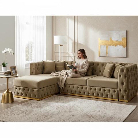 Coltar EXTENSIBIL LUNA Tip L SEZLONG STANGA , CAPUCINO CU GOLD 290 x 150 cm