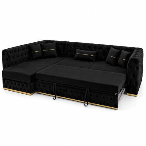 Coltar EXTENSIBIL LUNA Tip L SEZLONG STANGA , NEGRU CU GOLD 290 x 150 cm