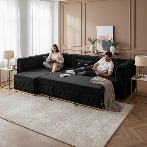 Coltar EXTENSIBIL LUNA Tip L SEZLONG STANGA , NEGRU CU GOLD 290 x 150 cm