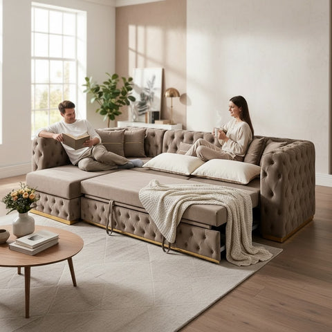 Coltar EXTENSIBIL LUNA Tip L SEZLONG STANGA , CAPUCINO CU GOLD 290 x 150 cm