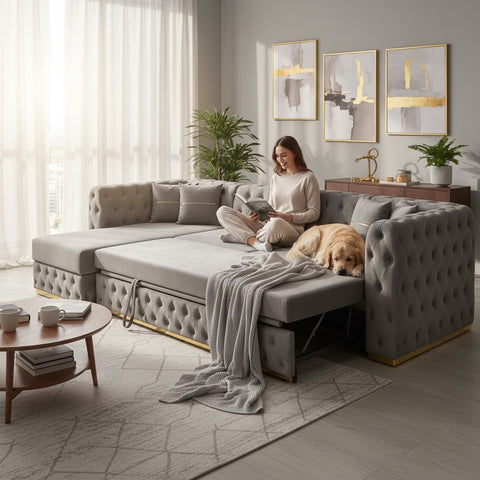 Coltar EXTENSIBIL LUNA Tip L SEZLONG STANGA , GRI CU GOLD 290 x 150 cm