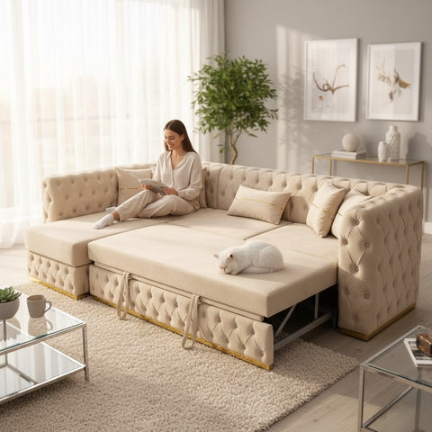 Coltar EXTENSIBIL LUNA Tip L SEZLONG STANGA , BEJ CU GOLD 290 x 150 cm