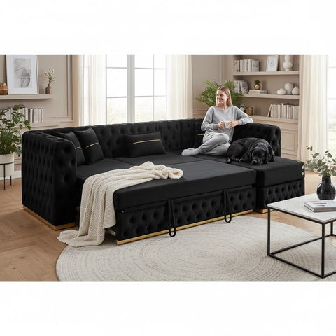 Coltar EXTENSIBIL LUNA Tip L SEZLONG DREAPTA , NEGRU CU GOLD 290 x 150 cm
