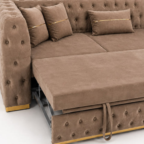 Coltar EXTENSIBIL LUNA Tip L SEZLONG DREAPTA , CAPUCINO CU GOLD 290 x 150 cm