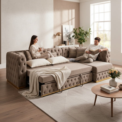 Coltar EXTENSIBIL LUNA Tip L SEZLONG DREAPTA , CAPUCINO CU GOLD 290 x 150 cm