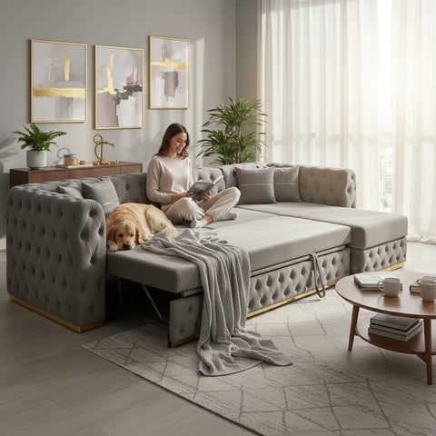 Coltar EXTENSIBIL LUNA Tip L SEZLONG DREAPTA , GRI CU GOLD 290 x 150 cm
