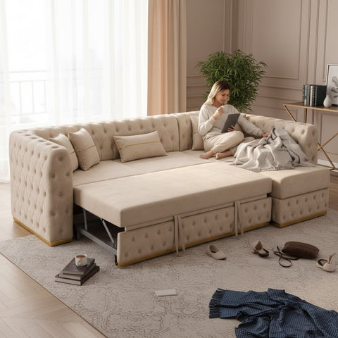 Coltar EXTENSIBIL LUNA Tip L SEZLONG DREAPTA , BEJ CU GOLD 290 x 150 cm