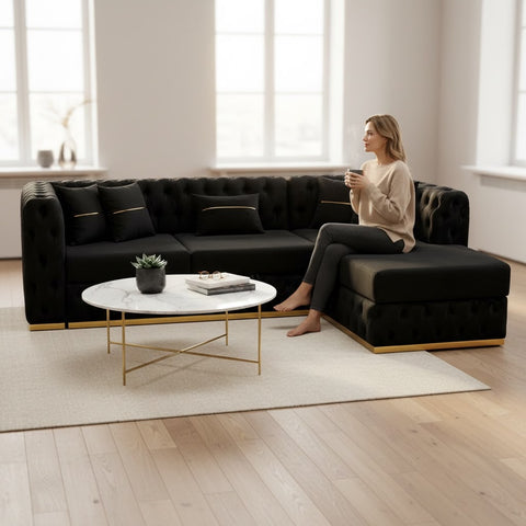 Coltar EXTENSIBIL LUNA Tip L SEZLONG DREAPTA , NEGRU CU GOLD 290 x 150 cm