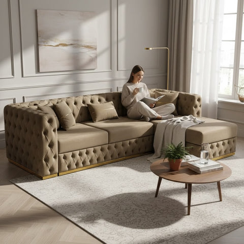 Coltar EXTENSIBIL LUNA Tip L SEZLONG DREAPTA , CAPUCINO CU GOLD 290 x 150 cm