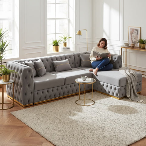 Coltar EXTENSIBIL LUNA Tip L SEZLONG DREAPTA , GRI CU GOLD 290 x 150 cm