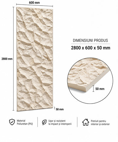 Panou decorativ 3D Stone-Rock Crem 2800x600x50mm