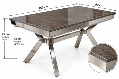Masă Dining BELLAGIO – 160×90×75 cm – Argintiu & Antracit