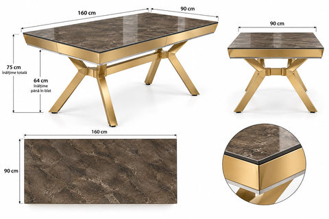 Masă Dining BELLAGIO – 160×90×75 cm – Auriu & Antracit