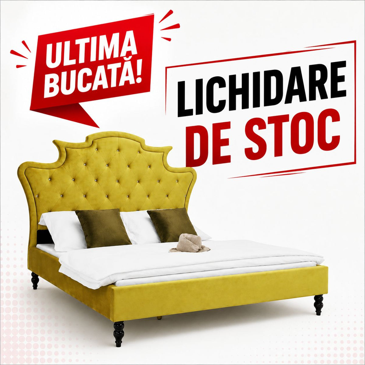 Pat matrimonial ROYAL 180x200cm tapiterie catifea aurie cu pietre