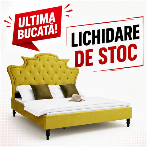 Pat matrimonial ROYAL 180x200cm tapiterie catifea aurie cu pietre
