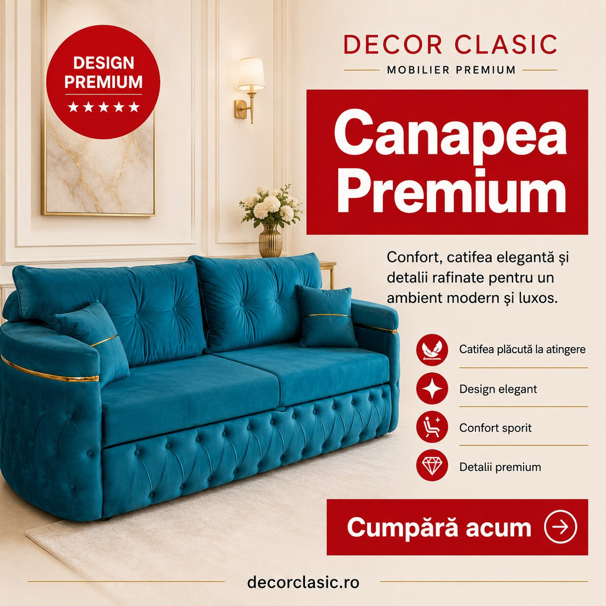 Canapea extensibila RIO LUX 3 locuri, tapitata turcoaz