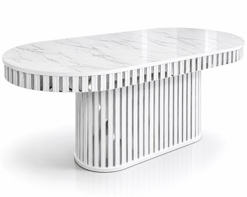 Masa dining cu riflaje alb cu argintiu 180x 90 x 80 cm