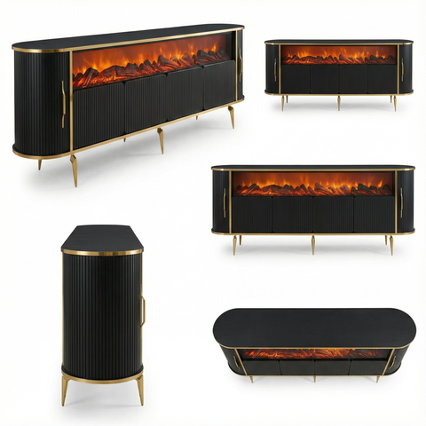 CONSOLA TV XXL NEGRU & AURIU CU SEMINEU SI SPATII DEPOZITARE 275x45x80cm