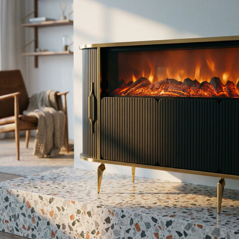 CONSOLA TV XXL NEGRU & AURIU CU SEMINEU SI SPATII DEPOZITARE 275x45x80cm