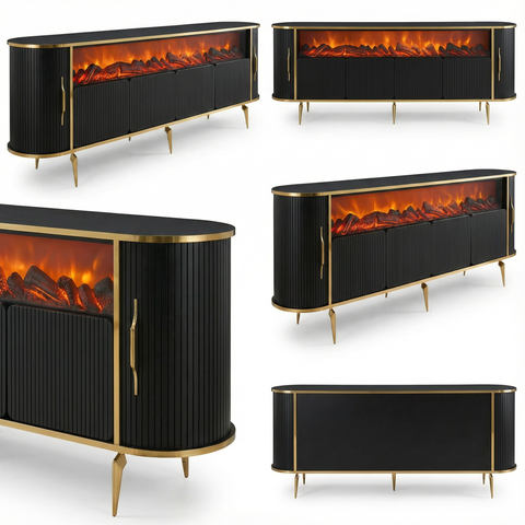 CONSOLA TV XXL NEGRU & AURIU CU SEMINEU SI SPATII DEPOZITARE 275x45x80cm