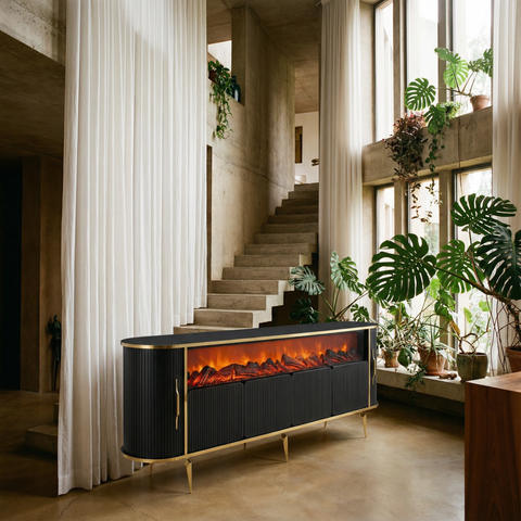 CONSOLA TV XXL NEGRU & AURIU CU SEMINEU SI SPATII DEPOZITARE 275x45x80cm