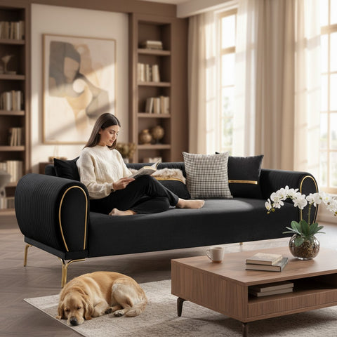 CANAPEA 3 LOCURI NOVO, TAPITATA NEGRU CU AURIU