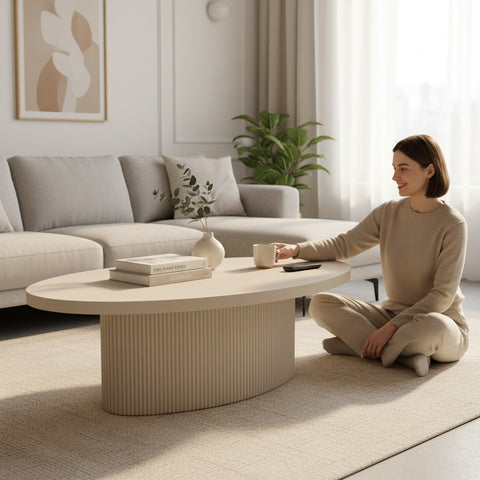 MASUTA CAFEA OVALA CU RIFLAJE BEJ 120x60x40cm