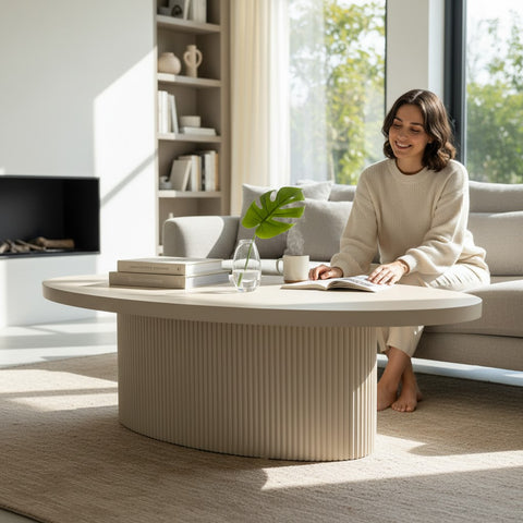 MASUTA CAFEA OVALA CU RIFLAJE BEJ 120x60x40cm