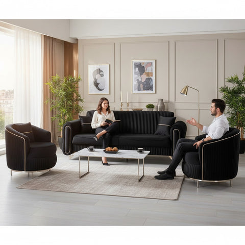 SET PALACE 3/1/1 - CANAPEA EXTENSIBILA + 2 FOTOLII, NEGRU CU ARGINTIU