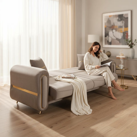 SET PALACE 3/1/1 - CANAPEA EXTENSIBILA + 2 FOTOLII, CAPUCINO CU AURIU