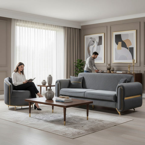 SET PALACE 3/1/1 - CANAPEA EXTENSIBILA + 2 FOTOLII, GRI INCHIS CU AURIU