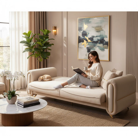 SET PALACE 3/1/1 - CANAPEA EXTENSIBILA + 2 FOTOLII, BEJ CU AURIU