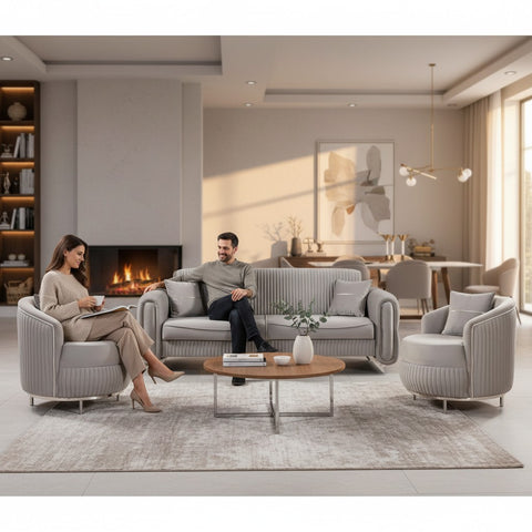 SET PALACE 3/1/1 - CANAPEA EXTENSIBILA + 2 FOTOLII, GRI CU ARGINTIU