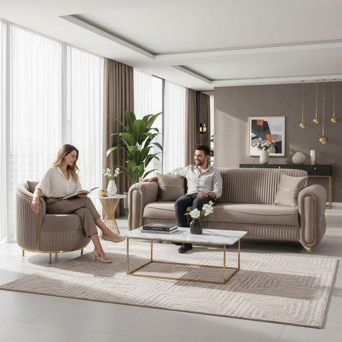 SET PALACE 3/1/1 - CANAPEA EXTENSIBILA + 2 FOTOLII, CAPUCINO CU AURIU