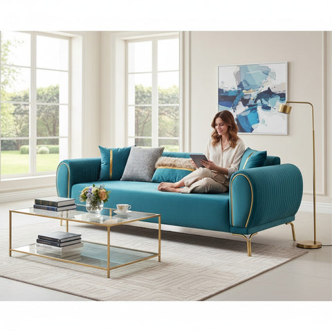 CANAPEA 3 LOCURI NOVO, TAPITATA TURCOAZ CU AURIU