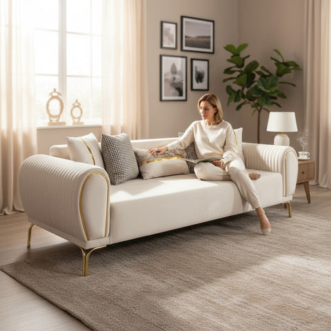 CANAPEA 3 LOCURI NOVO, TAPITATA BEJ CU AURIU