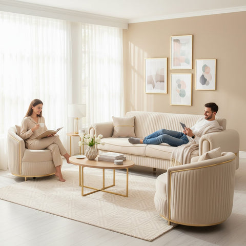 SET PALACE 3/1/1 - CANAPEA EXTENSIBILA + 2 FOTOLII, BEJ CU AURIU