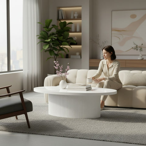 MASUTA CAFEA OVALA CU RIFLAJE ALB 120x60x40cm