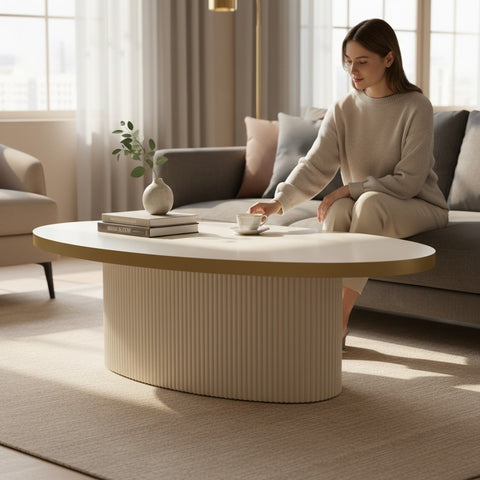 MASUTA CAFEA OVALA CU RIFLAJE BEJ & AURIU  120x60x40cm